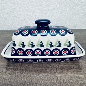 Polish Pottery Boleslawiec Christmas Peacock Circles Holiday Butter Dish